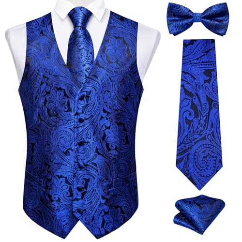 Men’s Paisley Formal Vest Set Suit Waistcoat with Necktie, Bow Tie, Pocket Square & Cufflinks for Wedding,Tuxedo