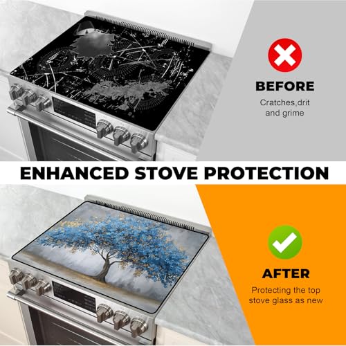 Image of Heat-Resistant Glass Stove Top Cover with Anti-Slip Rubber Coating - 28.5x20.5 Inch Electric Stove Protector, Scratch-Resistant, Expands Counter Space (Blue Tree, 28.5 inchL x 20.5 inchW)
