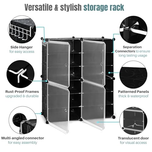 Image of ABOUT SPACE Plastic Shoe Rack Organizer-12 Layer Shoe Stand with Hanger&Door for Home-DIY 24 Pair Portable,Expandable 4 Cube Shoe for Boots,Heels,Slipper for Women,Men,Outdoor (Black)