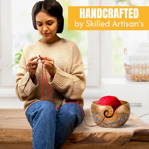 Image of Cute Wooden Yarn Bowl for Crocheting, 7x4inch Large Mango wood Crochet Holder Gift Accessories and Knitting Gadgets Supplies Handcrafted with Fractal Wood Burning & Blue Resin Inlay (M-Blue)