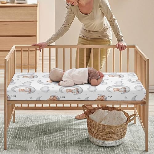 Image of Teddy Bears Fitted Crib Sheet Watercolor Moon Star Clouds Standard Crib Mattress Fitted Sheet Grey Baby Toddler Bed Mattress Sheets for Boys Girls 28 inchx52 inch