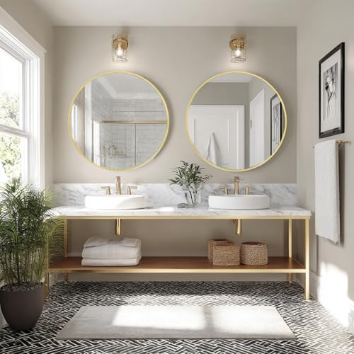 Image of Sunniry Round Mirror 24 inch, 2 Pack Gold Round Mirror with Metal Frame | Aluminum Brushed Metal Frame, High Definition Mirror, No Distortion, Suitable for Bathroom, Bedroom, Entryway, Living Room