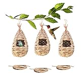 Emalie Bird Houses for Outside Hanging, Set of 3 Hummingbird House with Rope for Outdoor, Grass Hand Woven Birdhouse, Small Chickadee & Bird Hut for Finch & Canary, Gardening Gift (Waterdrop Shape)