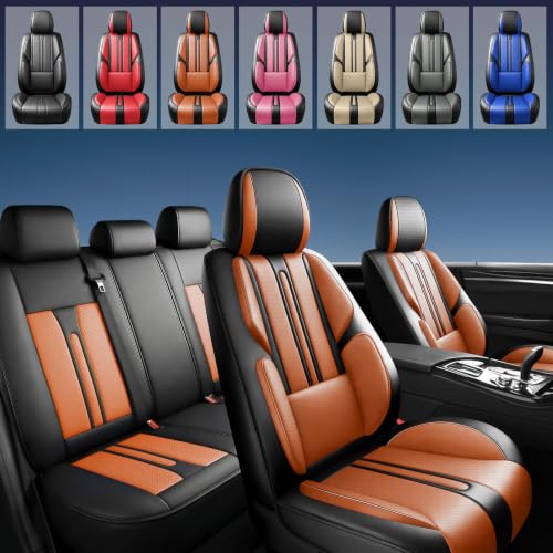 Image of Fit Terrain Car Seat Covers (5 Seats Full Set) Compatible with GMC Terrain 2010-2024 2025 2026 - Full Coverage Premium Breathable Leather,Airbag Compatible,Waterproof & All-Weather,Black-Brown