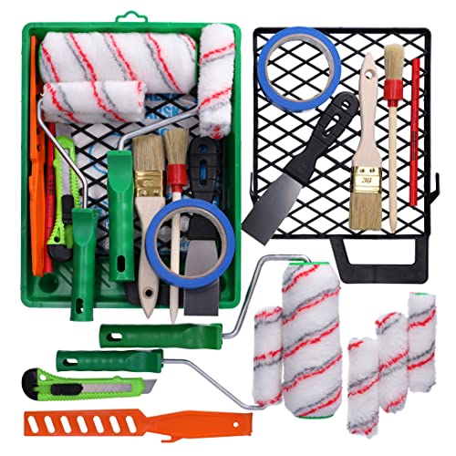 ToolSpace Malerset 2x Farbrollenset +2x Malerpinsel + Malerband +, Farbwanne + Abdeckfolie + farbroller + Farbrührstab + Abbrechmesser + Zimmermannsbleistift + Malerspachtel malergitter