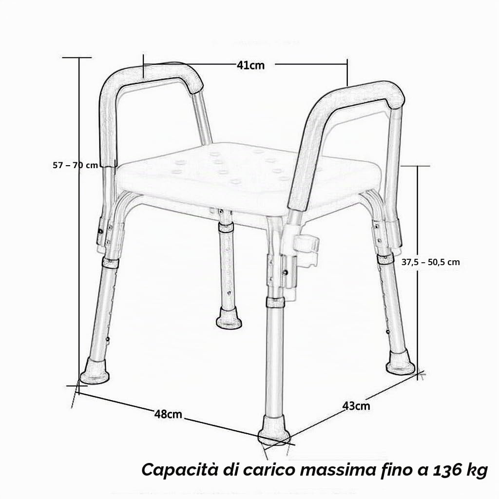 Sedia per Doccia in Acciaio Inox Sgabello per Anziani/disabili Sedia Antiscivolo per Doccia con Maniglia 6 Altezza Panca per Vasca Sgabello per seggiolino Bianco Max. 136kg