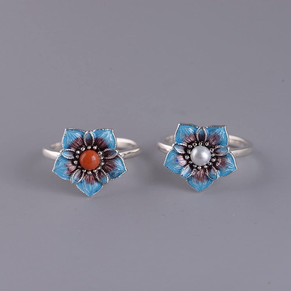 Ring Silber 925 Damen, S925 Sterling Silber Cloisonne Blumen Roter Achat Ring Verstellbare Ringe Retro Zeigefinger Ring Silber Ewigkeitsring Hochzeit Charme Schmuck Geschenke Für Männer Mädchen D