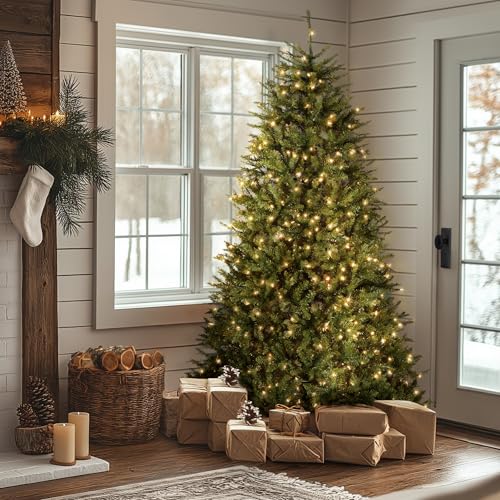 Image of National Tree Company 7.5 ft Pre-Lit Dunhill Fir Artificial Christmas Tree, 750 Clear Lights, 2,514 Tips, Includes Stand, Green