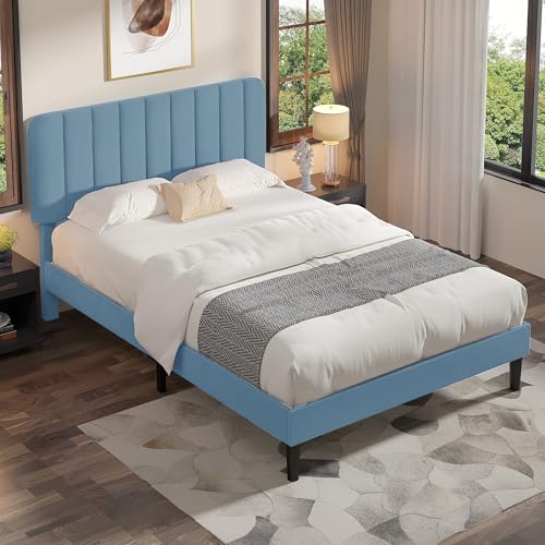 Image of VECELO Queen Size Bed Frame with Upholstered Headboard, Velvet Platform Bedframe Mattress Foundation, Strong Wood Slat Support, No Box Spring Needed,Sky Blue