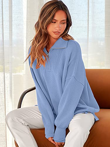 Image of ANRABESS Womens Oversized Quarter Zip Pullover Sweaters | Fall Fashion Outfits, Long Sleeve Slit Side, Baggy Loose Fit, 1 /4 Zip Lapel Collared, Ribbed Knit Soft Warm Winter Clothing