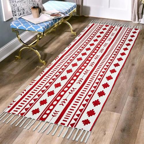 Image of SAGON 2x5 Ft Printed Runner Carpet - Cotton Bedside Rug for Bedroom & Living Room (Red Arrow Geomatric)