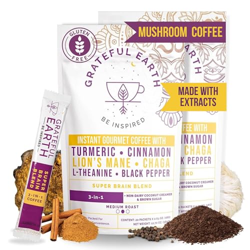 Grateful Earth Mushroom Coffee, Coconut Instant Coffee with Cinnamon, Turmeric,