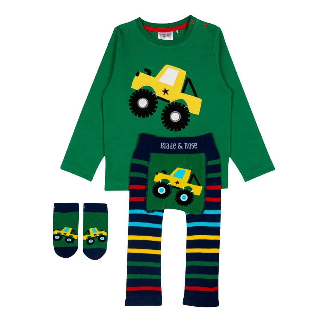 Blade & Rose | Monster Truck Outfit (3PC) | Baby & Toddler Outfit | Ages 0-6 Months | Green/Blue/Red