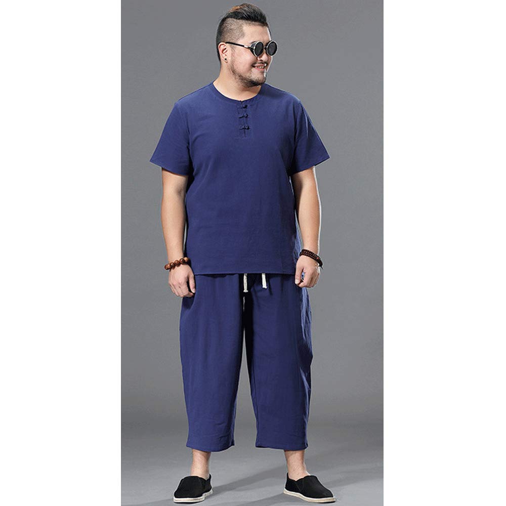 Tai Chi Anzug Tang Anzug Baumwoll- Und Leinenanzug Männlicher Chinesischer Stil Kurzärmeliges T-Shirt Trend Hanfu National Style,L-Blue