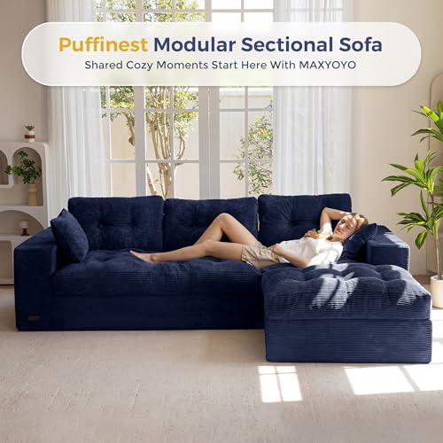 Image of MAXYOYO 104 inch L Shaped Modular Sectional Sofa with Ottoman, Tufted Boneless Couch with Layered Cushion, Upholstered Flexible Module Combination Sofa for Living Room, No Assembly, Navy