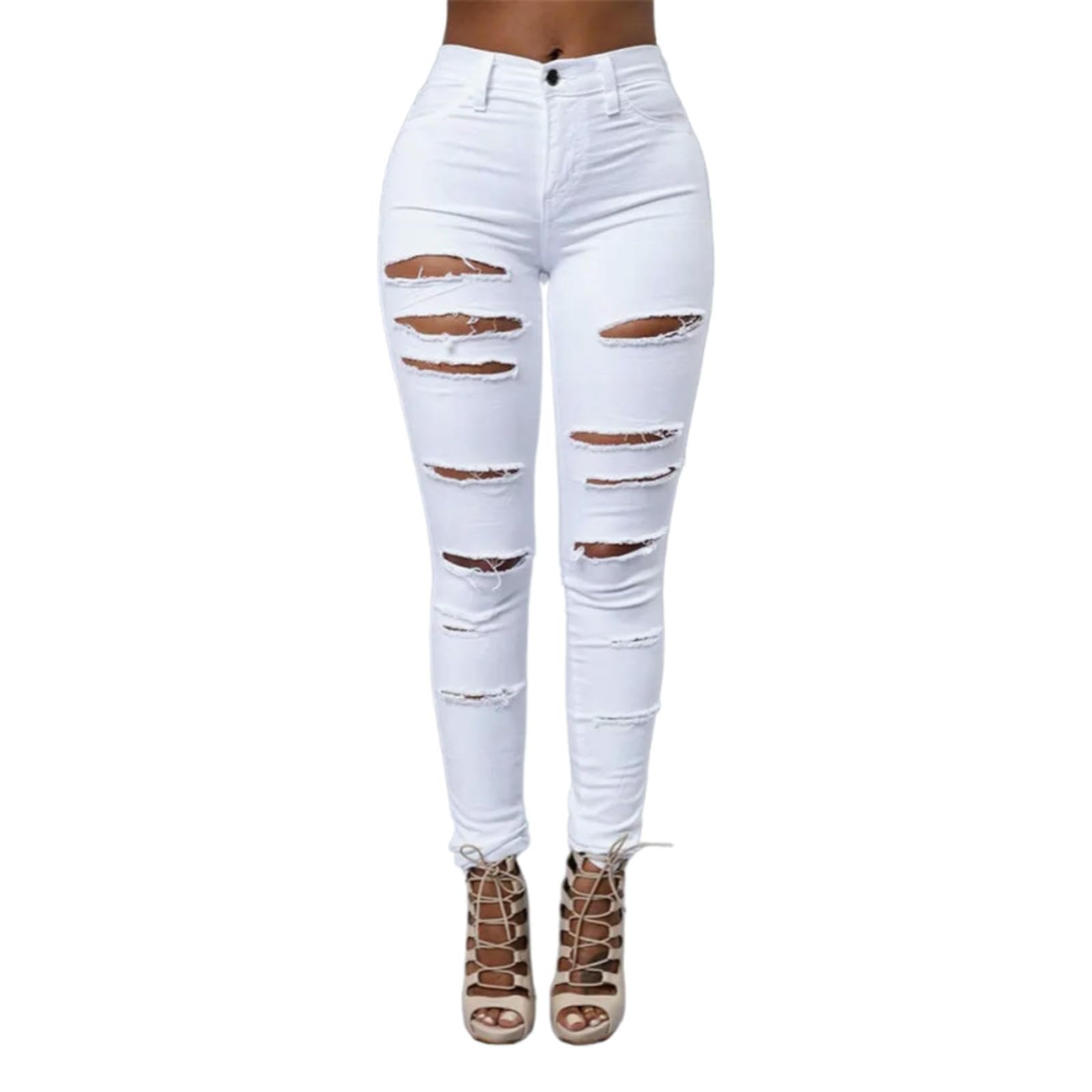 WANGQIQI Jeans Donna Pantaloni A Matita Magri con Strappato-Nero-XXXL