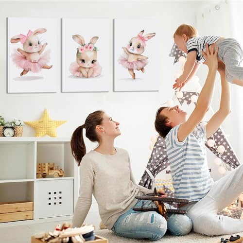 3 Pcs Pink Bunny Wall Art for Nursery Baby Room Cute Posters Prints Wall Decor Pictures Pink Preppy Dress Rabbit Ballet Artwork Canvas Paintings for Girls Room Bedroom Hone Decoration Unframed - Image 5