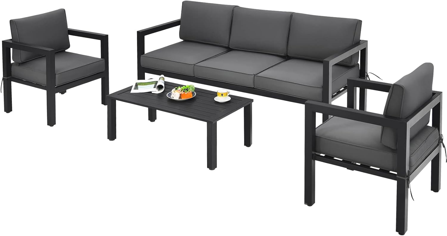 COSTWAY 5Seater Garden Furniture Set, 4Piece Aluminum Patio Sofa Set with 3Seat Sofa, 2