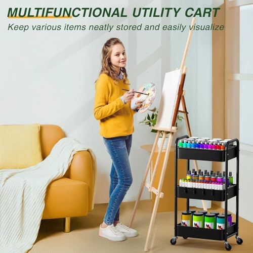 Image of KRISHYAM 3 Tier Metal Rolling Cart with Wheels, Rolling Utility Cart Storage Organizer with Hooks, Easy Assemble for Kitchen, Bathroom, Living Room, Office, Nursery, Garage (3-Layer Square)