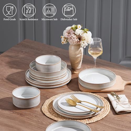 Image of E-far 16 Piece Dinnerware Sets, Plates and Bowls with Pasta Bowls Service for 4, Modern Stoneware Ribbed Dishes for Kitchen Dining, Microwave & Dishwasher Safe, Creamy Beige