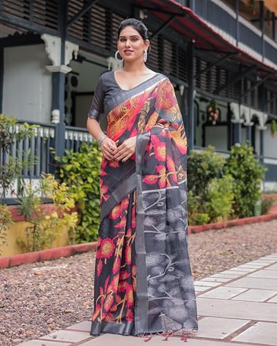 Image of Kaugalian store Linen Cotton Floral Printed Saree for Women with Unstitched Blouse Piece | 5.5 M Saree & 0.8 M Blouse