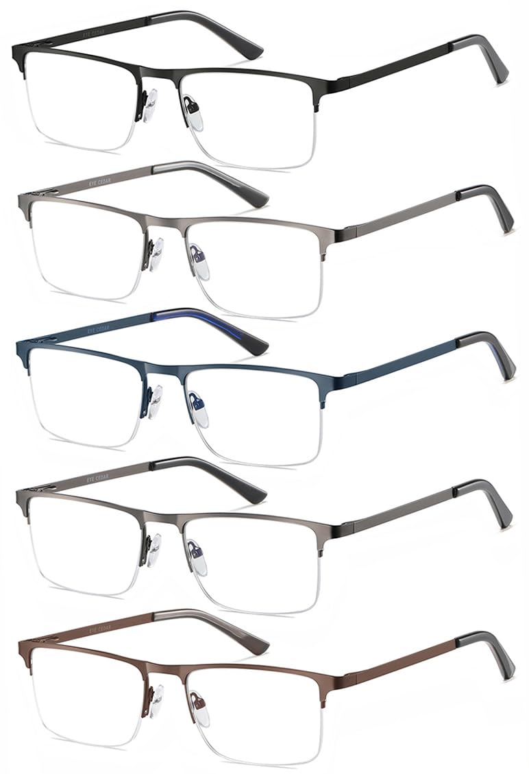 EYECEDAR 5 Pack Quality Reading Glasses Men Metal Half Frame Spring Hinges Blue Light Blocking Computer Eyeglasses Readers for Men 1.25