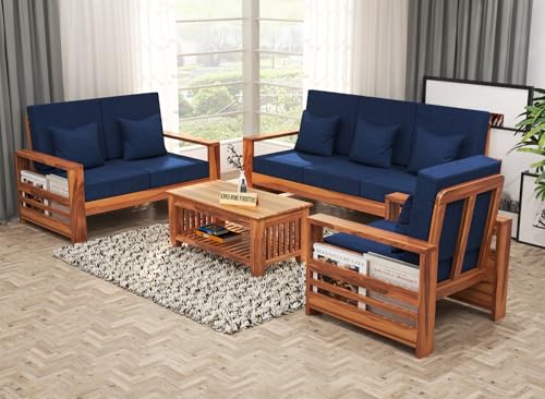 Image of Sheesham Wooden 6 Seater Sofa for Living Room | Rosewood 6 Seater Cushion Sofa with Side Rack | Solid Wood Sofa Set for Lounge (3+2+1,Honey Finish)