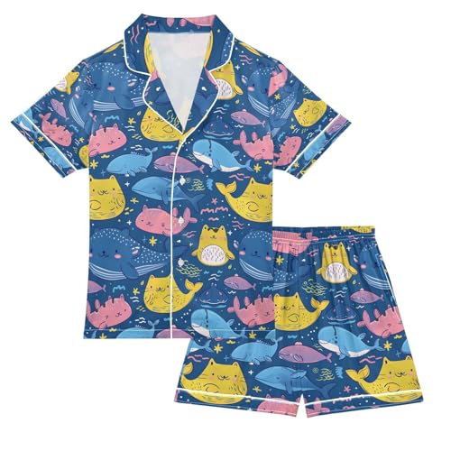 senya Cartoon Cute Fish Satin Summer Pajama Sets Silk Short Sleeve Button Down Sleepwear