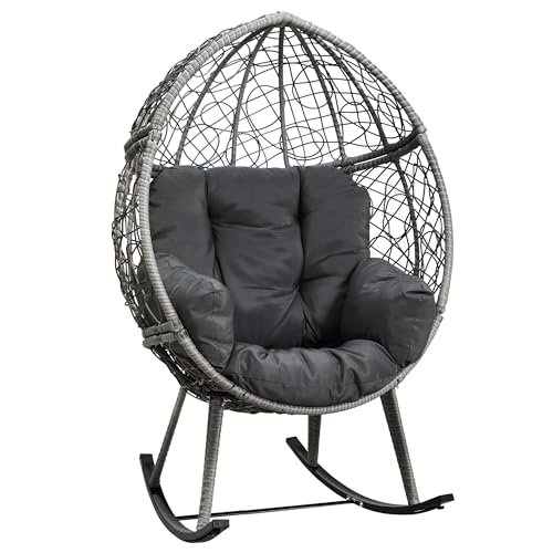 DWVO Wicker Rocking Egg Chair, Oversized Indoor Outdoor Rattan Rocking Chair, Indoor Outdoor Lounger for Patio, Backyard, Living Room, Gray