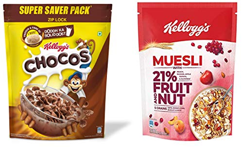 Image of Kellogg's Combo, Chocos, High In Protein, B Vitamins, Calcium And Iron, 1.2Kg Pack And Muesli With 21% Fruit And Nut Pouch, Fruit, 500 G