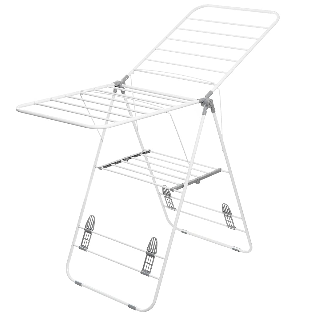 Daniks Foldable Clothes Laundry Drying Rack, 18m – Space-Saving, Height-Adjustable Wings, for Indoor and Outdoor Use, Bed Linen, White/Grey