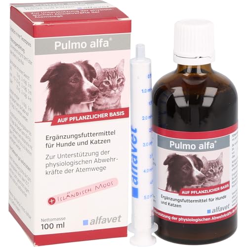 Alfavet Pulmo alfa | 100 ml | Flüssiges Ergänzungsfuttermittel für Hunde und Katzen | Zur Unterstützung der Atemwege | Mit pflanzlichen Substanzen und natürlichen Aromastoffen