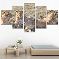 SIGNWIN 5 Panel Canvas Wall Art Modern Art Animals Dramatic Giraffe Lion Multicolor Photography Southwest for Home Decorations Ready to Hang - 60