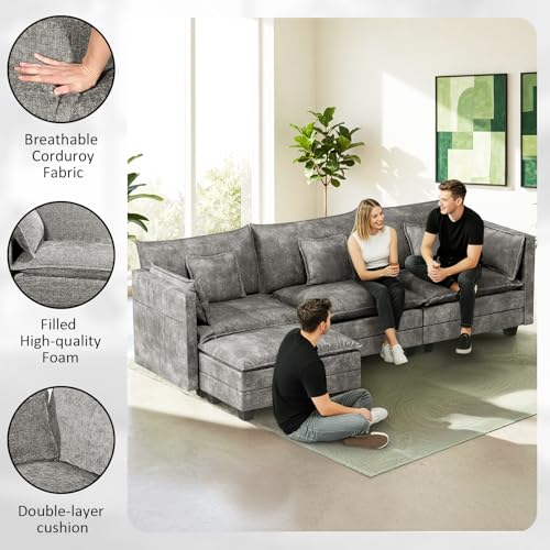Image of LEVELEVE 112.5 inch L-Shape Modular Sofa with 1 Ottomans, Deep Seat Cloud Convertible Sleeper, 3 Throw 2 Arm Pillows, Cozy Upholstered Furniture for Living Room Apartment, Dark Grey