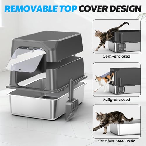 Image of WoofiGo Enclosed Stainless Steel Cat Litter Box with Lid, XL Extra Large Litter Box for Big Cats, Metal Litter Pan High Sided, Never Absorbs Odors, Anti-Urine Leakage, Include Scoop (Dark Grey)