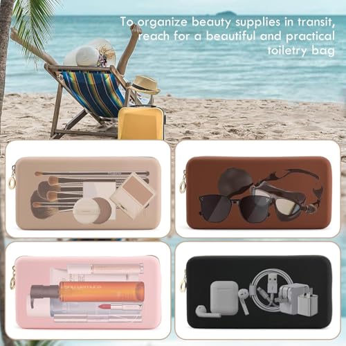 Image of INOVERA (LABEL) Makeup Brush Holder Pouch Case for Travel - Silicone Cosmetic Brushes Kit - Travelling Make up Organizer Bag (Dark Brown)