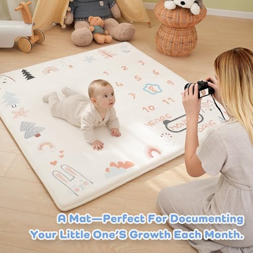 Image of 1.3 inch Thick Playmat for Floor, 50 x50 Monthly Milestone Mat, Padded Support Soft Plush Nursery Mats for Crawling Kick Activity, Flannel Photography Background Prop for Boys Grils