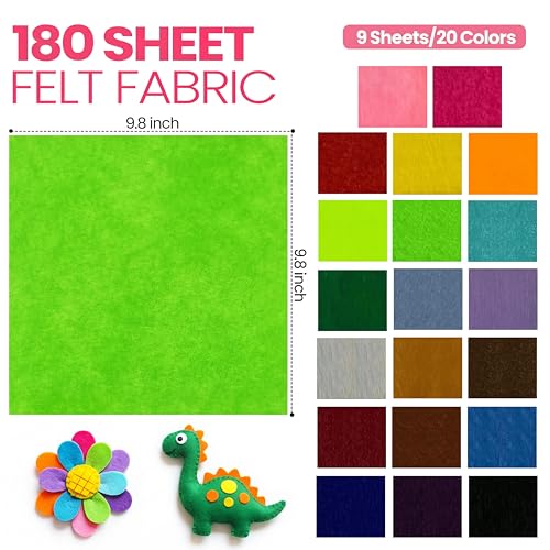 Image of Moukeren 180 Pcs 9.8 X 9.8 Inch Felt Sheets, 20 Colors | Stiff Fabric Squares Ideal Craft Sewing, DIY Patchwork Projects, Nonwoven Material, Bulk Supply Holiday and Festival Decor