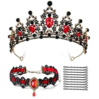 Krone Damen mit Gothic Halsband, Rot Kristallkrone, Gothic Krone, Vintage Krone, Queen Tiara Krone, für Hochzeit, Abschlussball, Halloween, Party, Karneval