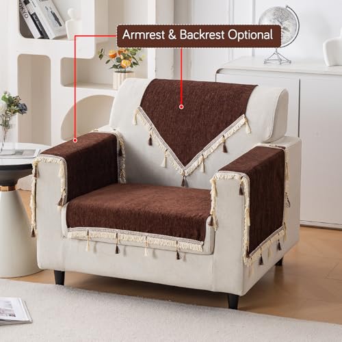 Image of HOKIPO 'Serenity Tassel' Chenille 1 Seater Sofa Cover with Tassel - Chestnut Luke (IN-890-BR)