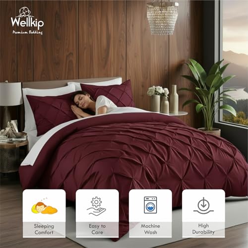 Image of Pinch Pleated Duvet Cover Set 1000TC 100% Cotton Premium 3-Pieces 1-Duvet Cover & 2-Pillow Cover Luxury Look Home and Hotel Zipper & 8-Tie Closure (Burgundy, Super King 100 X 108 Inch)