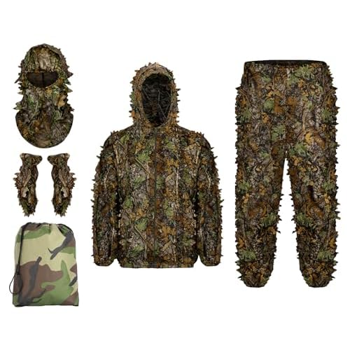 Ginsco Ghillie Suit Full Face Mask Gloves Set, 3D Leafy Camo Suit for Men, Outdoor Hunting Photography