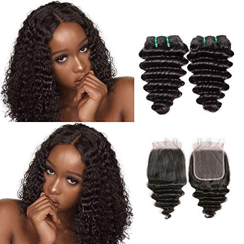 Deep Wave Bundles with Closure 9A Brazilian Deep Curly Human Hair Bundles and 4x4 Free Part 100% Unprocessed Virgin Hair Extensions Natural Black（10 12 & Closure 10）