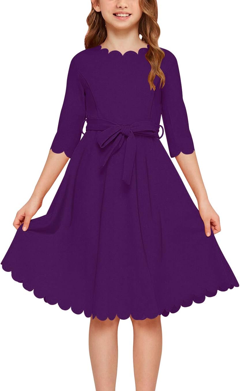 GORLYA Girl’s 3/4 Sleeve Casual Scalloped Edge A-line Belted Dress with Pockets for 4-14T Kids