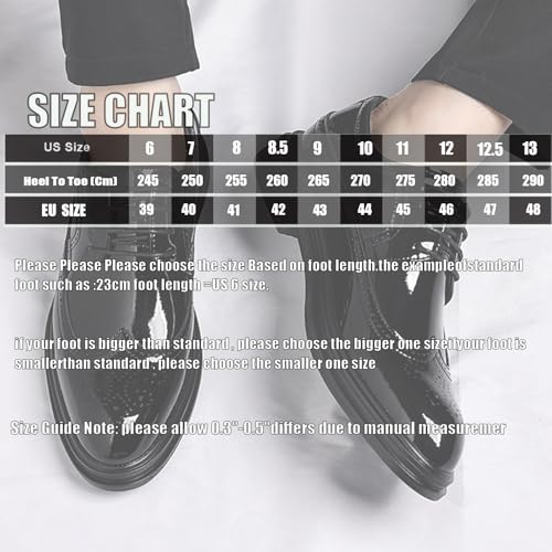 Men's Black Patent Leather Wingtip Dress Oxford Shoes Classic Modern Lace-up Plain Toe Business Casual Brogue Leather Shoes 7