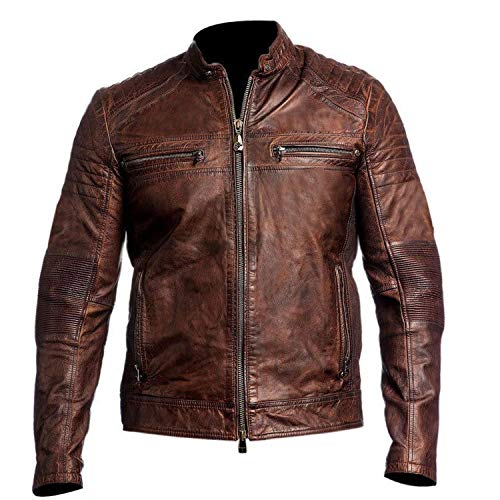 Men's Leather Jacket Cafe Racer Biker Style Retro Stripes Jacket, Motorcycle Racing Leather Jacket Men