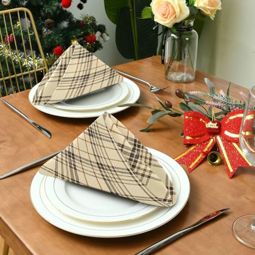 Servilletas de Tela Cuadradas Beige Plaid 20 x 20 pulg Set x4 miniatura 4