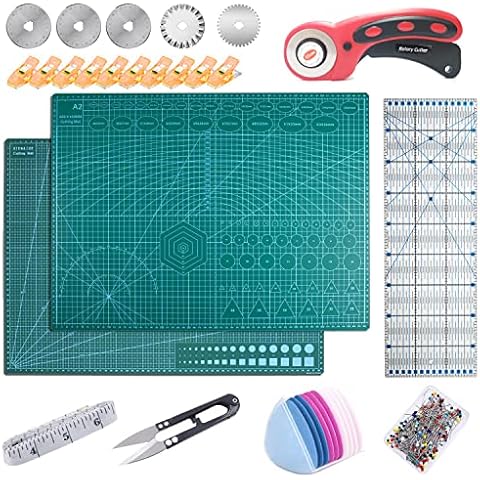 A2 Cutting Mat Set Profi Fabric Cutter Tool Kit with 24''x18'' Non Slip Cutting Board, 45mm Rotary Cutter with 5 Blades, Patchwork Ruler, 20 Clips & Pins for Sewing Scrapbooking Leather Dressmaking Cover