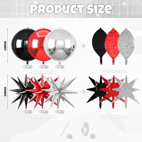 Image of 6pcs 22 inch Black Silver Red Star Balloons and 4D Large Foil Balloons, Black Silver Foil Star Balloon Red 4D Aluminum Balloon For Birthday Baby Shower Party Wedding Graduation Decorations