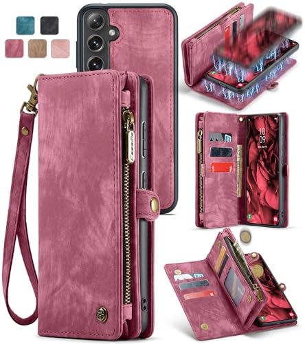 Arlgseln Case for Samsung Galaxy S24 Plus,Genuine Leather Wallet Detachable Magnetic Cell Phone Cover Wireless Charge Zipper Purse RFID Blocking Card Slot Holster (Wine Red, for Galaxy S24 Plus)